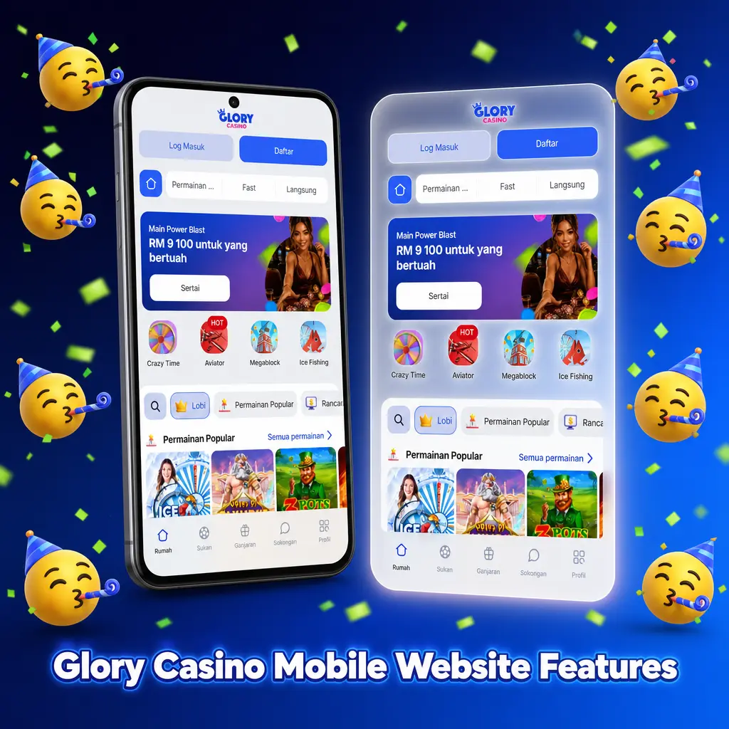 Glory Casino mobile website showing sportsbook and casino games, no download needed, works on Android and iOS