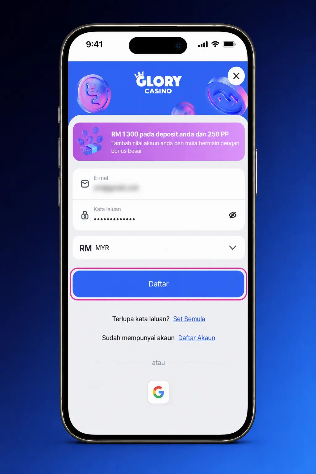 Glory Casino sign up steps: register, choose login method, enter details, confirm age, verify with OTP.