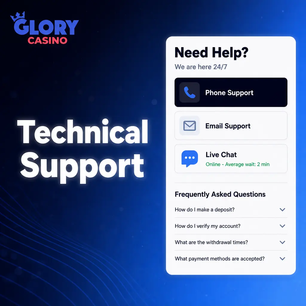 Glory Casino technical support: help with login errors, payment issues, game glitches, and app problems via live chat or email.